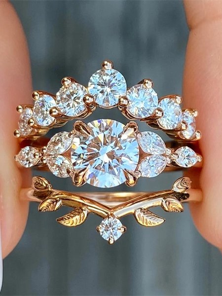 

2pcs Rhinestone Decor Leaf Crown Shaped Matching Rings Set, As picture, Rings