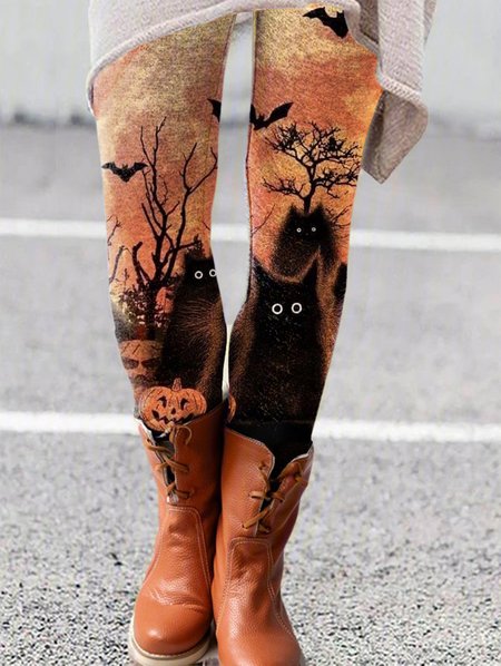

Knitted Casual Tight Cat Legging, Orange, Leggings