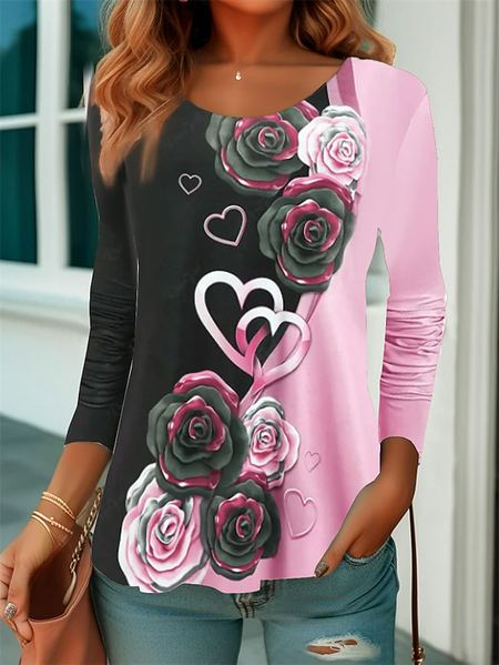 

Knitted Heart/Cordate Loose Casual T-Shirt, Pink, T-Shirts
