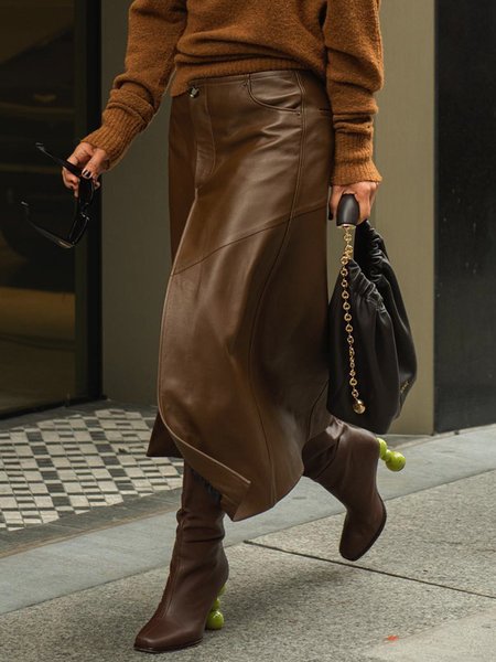 

Regular Fit Plain Urban PU Leather Skirt, Brown, Skirts