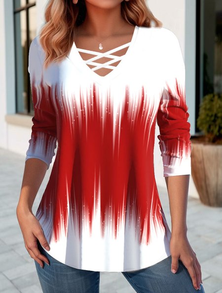 

Casual Cross V Neck Loose T-Shirt, Red, T-Shirts