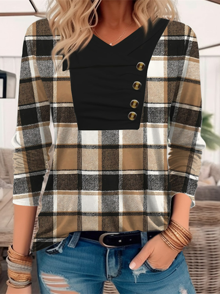 

Casual Loose Plaid Knitted T-Shirt, Brown, Shirts & Blouses