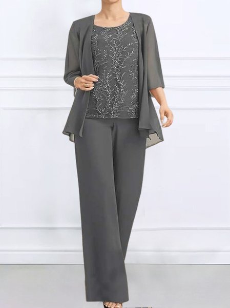 

Elegant Crew Neck Chiffon Two-Piece Set, Gray, Suit Set
