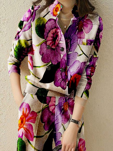 

Casual Loosen Long Sleeve Floral Cardigan Sweater, As picture, Cardigans