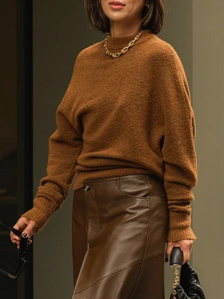 

Plain Regular Fit Urban Long Sleeve Sweater, Brown, Pullovers