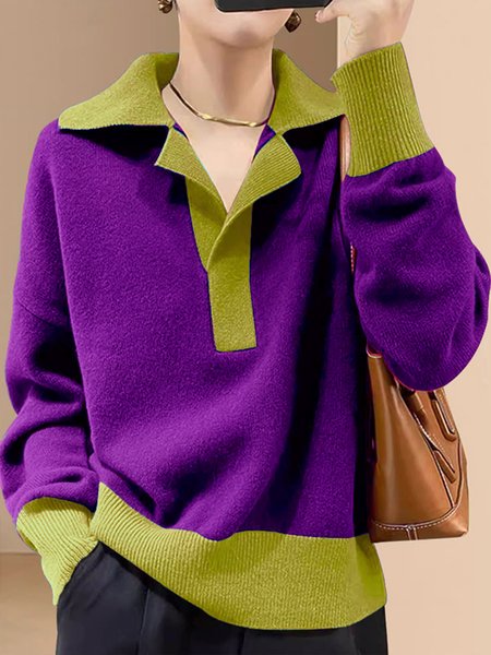 

Long Sleeve Color Block Urban Shirt Collar Sweater, Purple, Pullovers