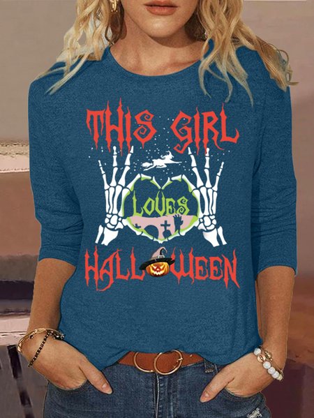 

Women's Halloween Print Casual Cotton-Blend Shirt, Blue, Long sleeves