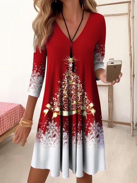 Loose Casual Christmas Tree V Neck Dress, Red, Dresses