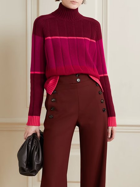 

Long Sleeve Color Block Urban Half Turtleneck Sweater, As picture, Pullovers