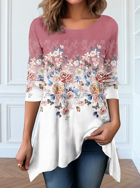 

Regular Fit Crew Neck Floral Casual T-Shirt, Pink, T-Shirts