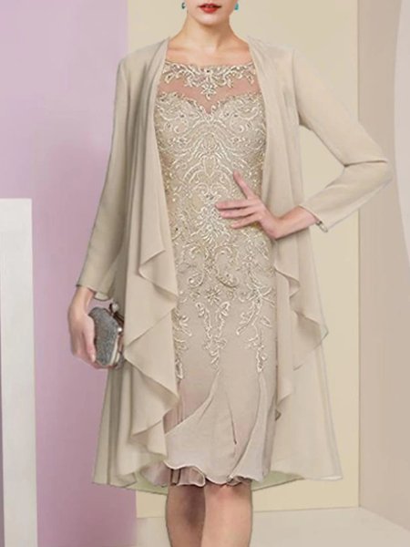 

Crew Neck Plain Regular Fit Elegant Two-Piece Set, Light khaki, Party Dresses
