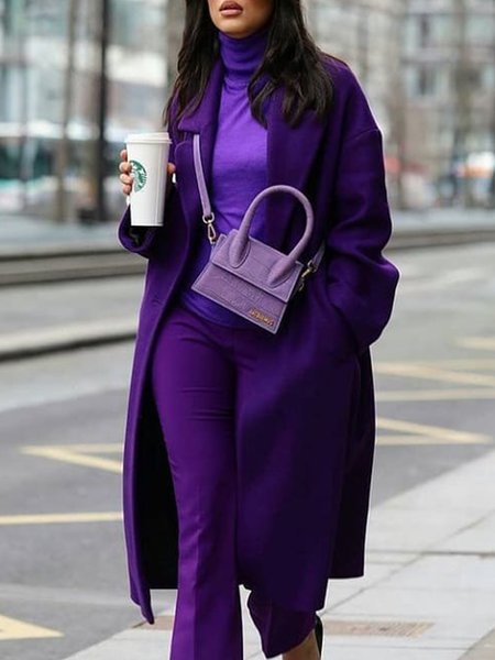 

Urban Loose Lapel Collar Long Sleeve Plain Coat, Purple, Coats