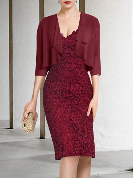 

Elegant Plain Chiffon Loose Two-Piece Set, Red, Party Dresses