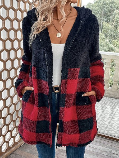 

Casual Split Joint Hoodie Loose Teddy Jacket, Red, Coats