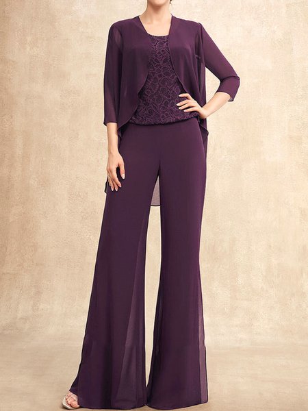 

Elegant Plain Loose Crew Neck Matching Outfit, Purple, Suit Set