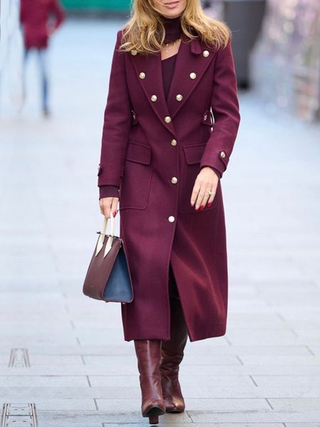 

Urban Buttoned Regular Fit Lapel Collar Plain Pockets Coat, Wine red, Coats