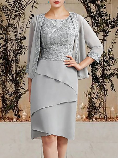 

Elegant Chiffon Crew Neck Two-Piece Set, Light gray, Party Dresses