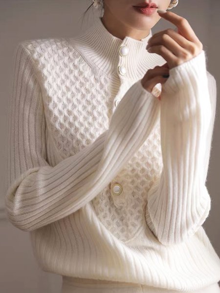 

Plain Loose Urban Stand Collar Buttoned Sweater, Off white, Pullovers