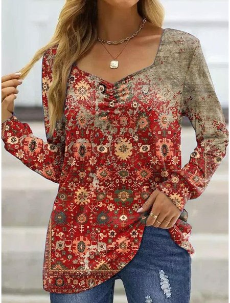 

Casual Ethnic Ruched Loose Shirt, Red, Shirts & Blouses