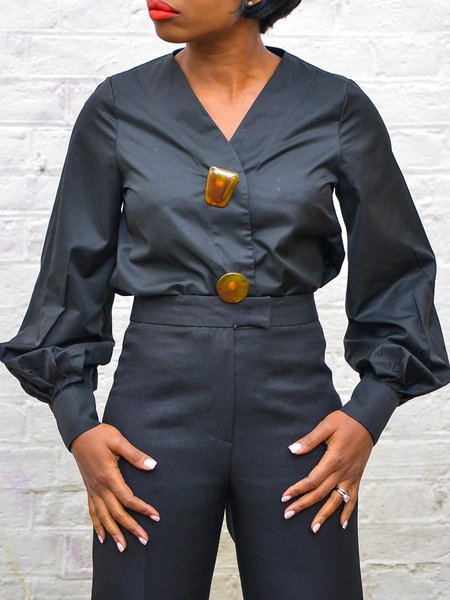 

V Neck Plain Urban Buttoned Long Sleeve Blouse, Black, Blouses and Shirts