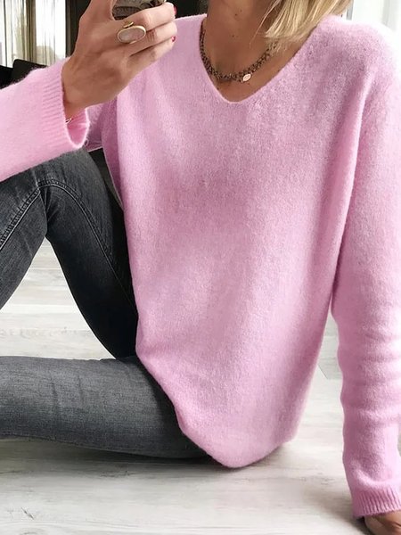 

Plus size V Neck Loose Casual Plain Sweater, Pink, Sweaters & Cardigans