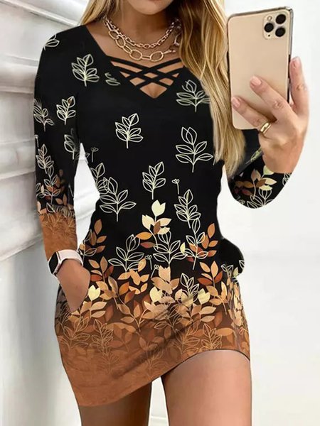 

V Neck Casual Dress With No, Black, Dresses