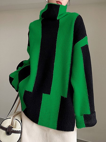 

Long Sleeve Urban Turtleneck Color Block Sweater, Green, Pullovers