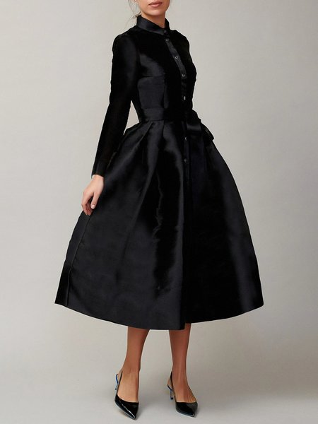 

Shirt Collar Regular Fit Elegant Plain Dress With Belt, Black, Maxi Dresses