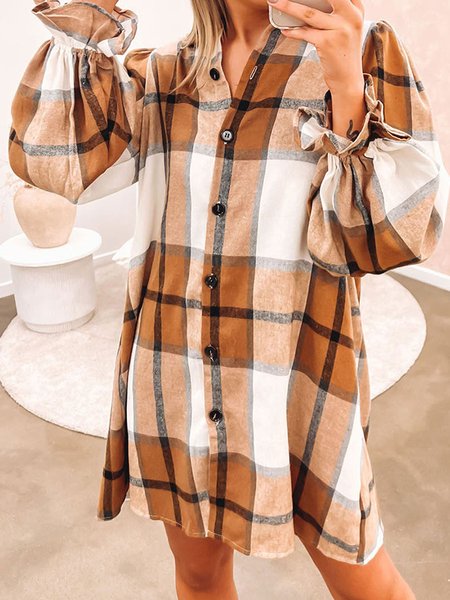 

Plaid Shirt Collar Dress With No, Orange, Dresses