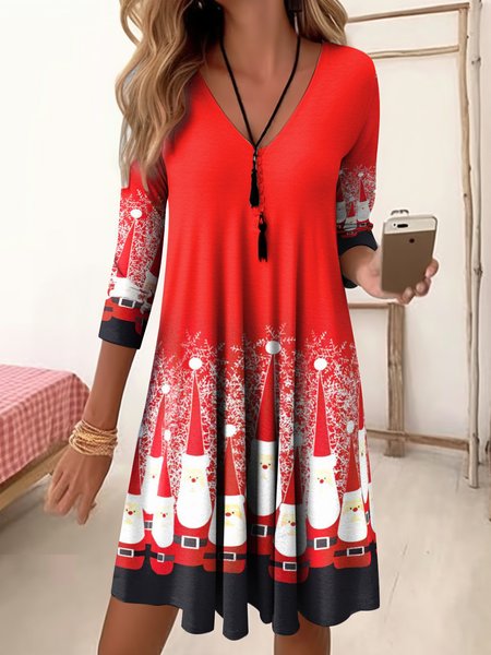 

Casual V Neck Loose Christmas Snowman Dress, Red, Dresses