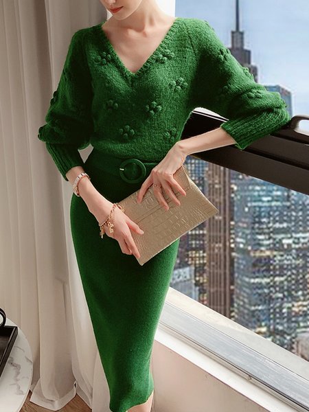 

Plain Elegant Regular Fit Long Sleeve Sweater Dress, Green, Midi Dresses