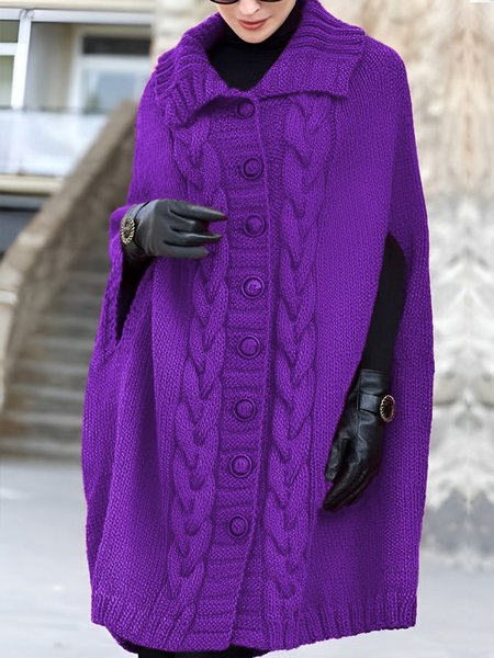 

Shawl Collar Buttoned Elegant Plain Sweater, Purple, Pullovers