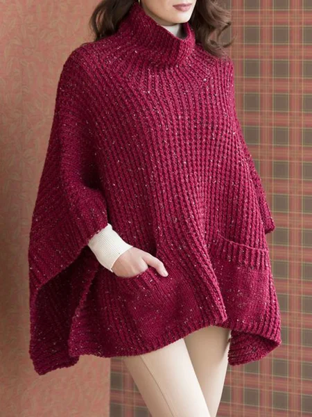 

Loose Urban Stand Collar Pockets Plain Sweater, Red, Pullovers