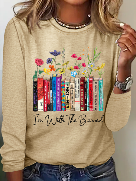 

Women's I'm With The Banned Flowers Book Lover Gift Cotton-Blend Casual Shirt, Khaki, Long sleeves