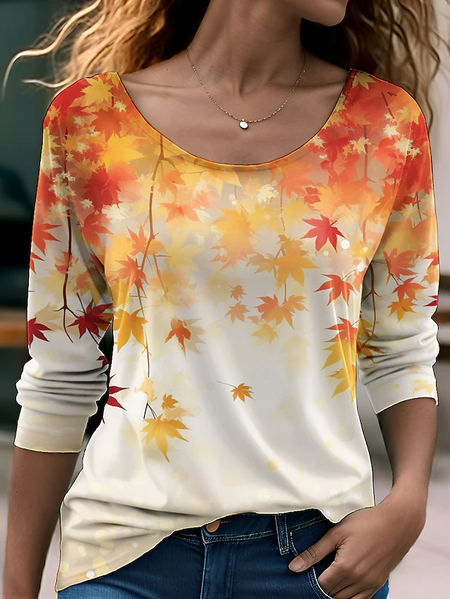 

Maple Leaf Knitted Crew Neck Casual T-Shirt, Orange, T-Shirts