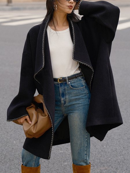 

Long Sleeve Urban Shawl Collar Plain Loose Coat, Black, Coats