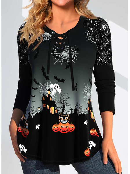 

Casual Halloween V Neck T-Shirt, Black, Long sleeves