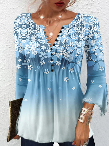 

Flouncing Notched Casual Shirt, Blue, Shirts & Blouses