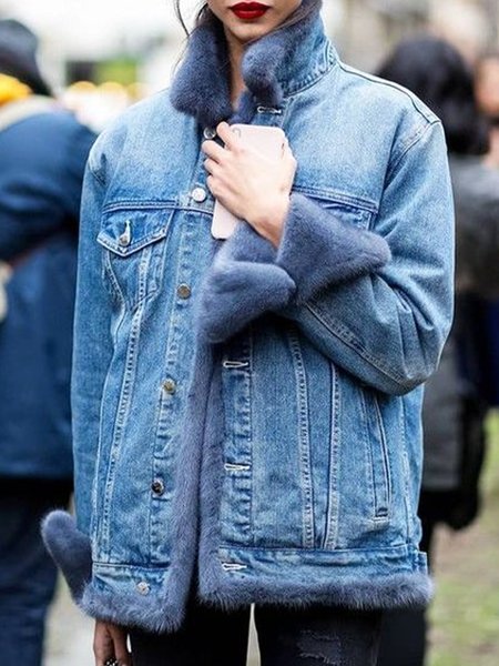 

Stand Collar Casual Regular Fit Fleece Denim Coat, Blue, Jackets