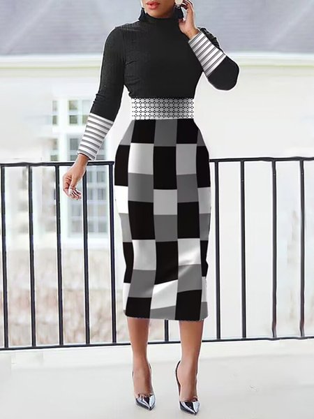 Elegant Plaid Regular Fit Long Sleeve Turtleneck Dress, Black, Midi Dresses