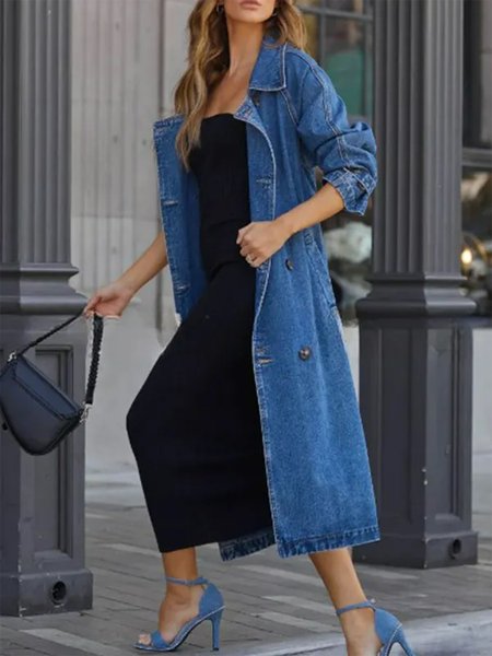 

Casual Pocket Stitching Plain Denim Denim Coat With Belt, Blue, Coats