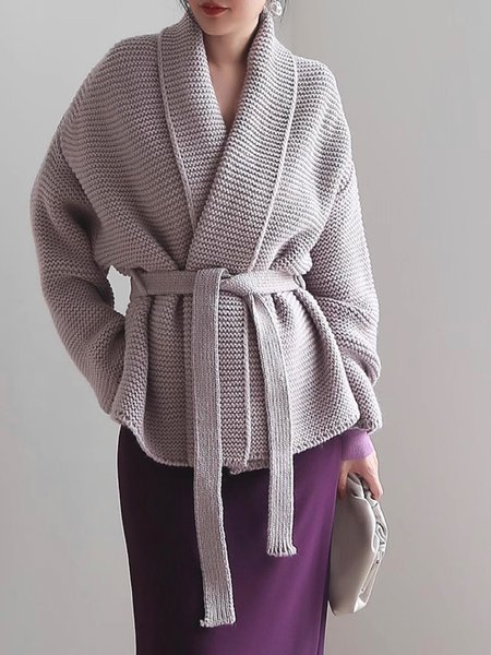 

Lapel Collar Regular Fit Elegant Sweater Cardigan With Belt, Gray purple, Cardigans