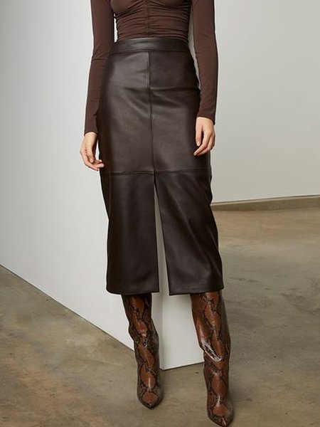 

Plain Urban Loose Leather Pants, Brown, Pants