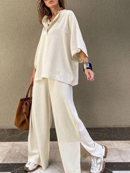 

Plain Casual Two-Piece Set, Beige, Suit Set
