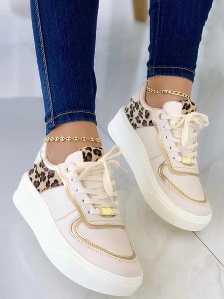 

Casual Zebra Color Block Lace-Up Platform Skate Shoes, Apricot, Sneakers