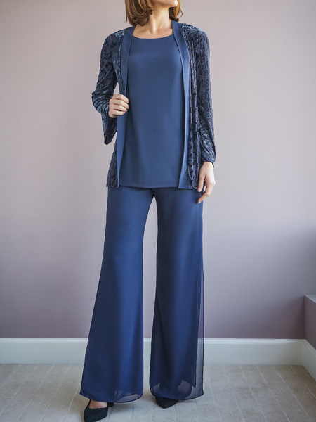 

Loose Elegant Floral Matching Outfit, Dark blue, Suit Set