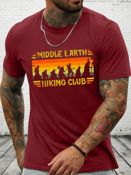 

Men‘s Middle Earth Hiking Club Loose Text Letters Casual Cotton T-Shirt, Red, T-shirts