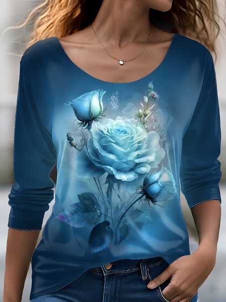 

Casual Floral Loose Crew Neck T-Shirt, Blue, T-Shirts