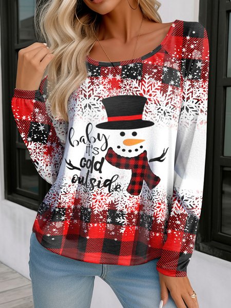 

Loose Casual Christmas Snowman T-Shirt, Red, T-Shirts