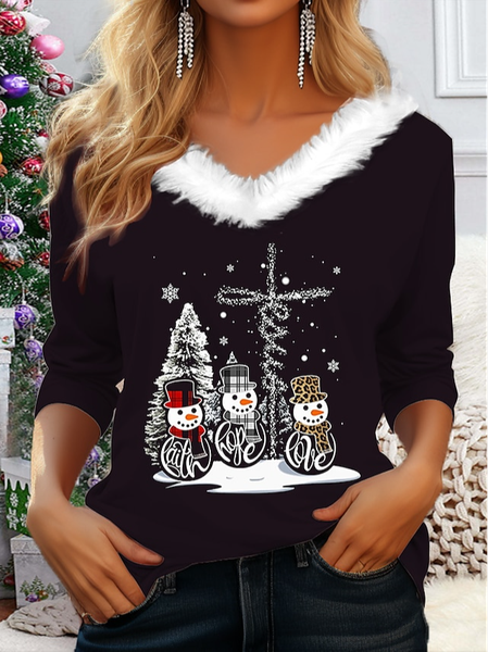 

Loose Fur Collar Casual V Neck T-Shirt, Black, T-Shirts